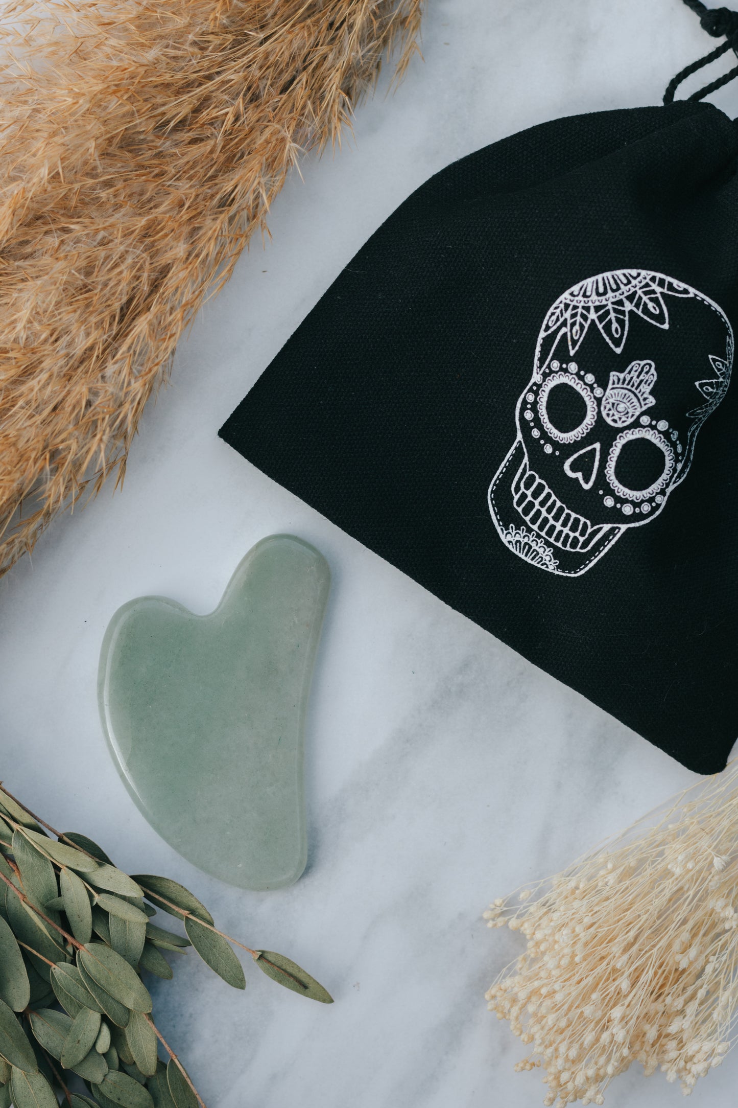 Jade Crystal Gua Sha with Black Skull Pouch